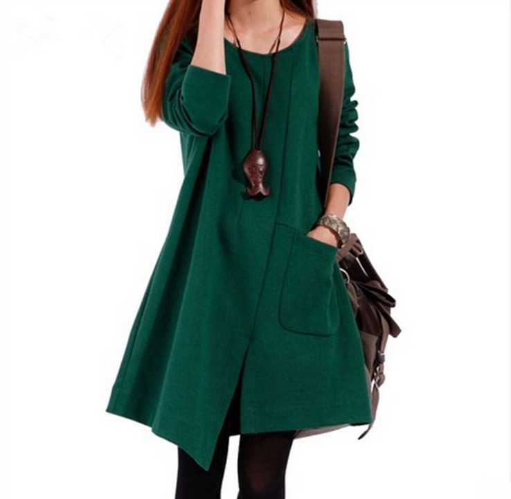 Slit Loose Women Coat Dress Dark Green on Luulla